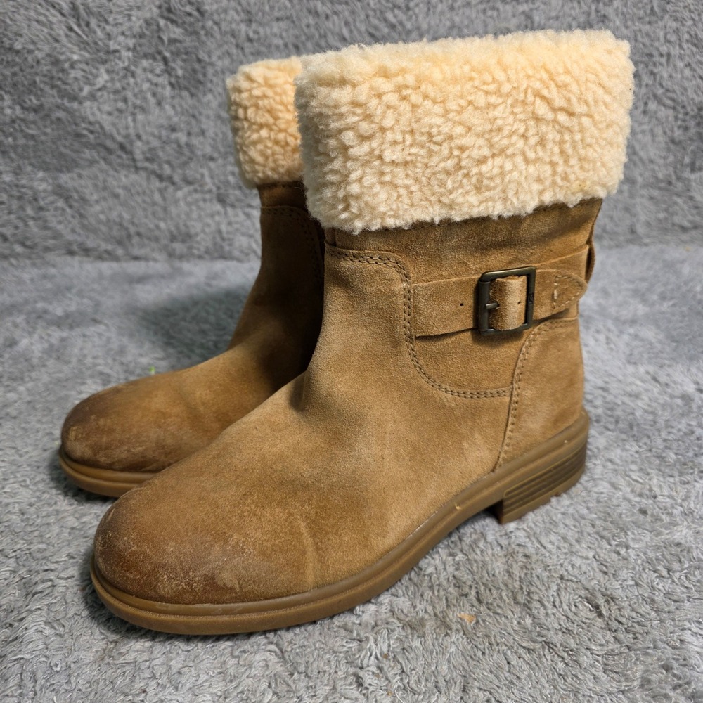 UGG Harrison Cuff Ankle Boots Chestnut Suede Faux Fur Buckle Women Size 8